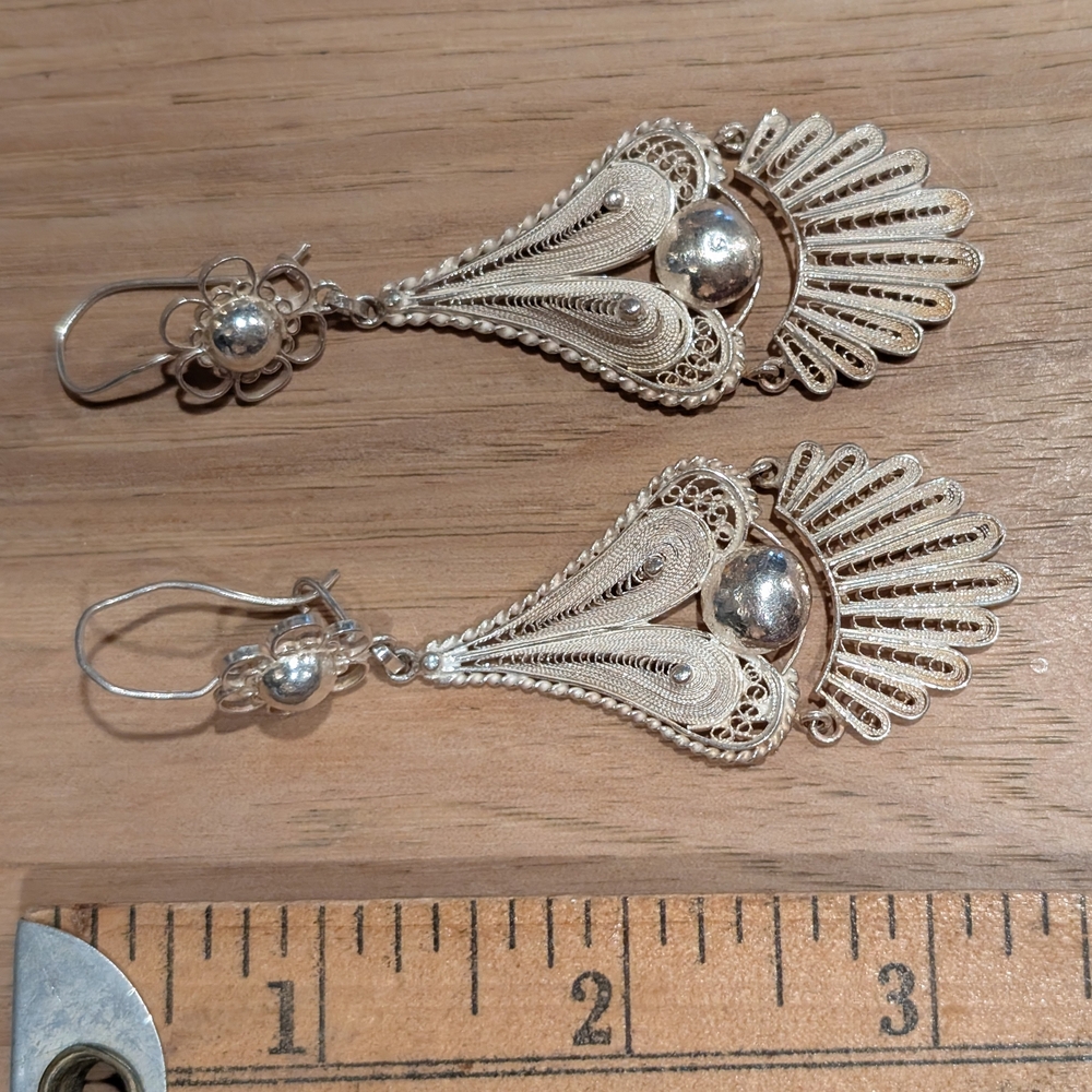 Source Unknown Intricate Silver Drop Earrings - image 3
